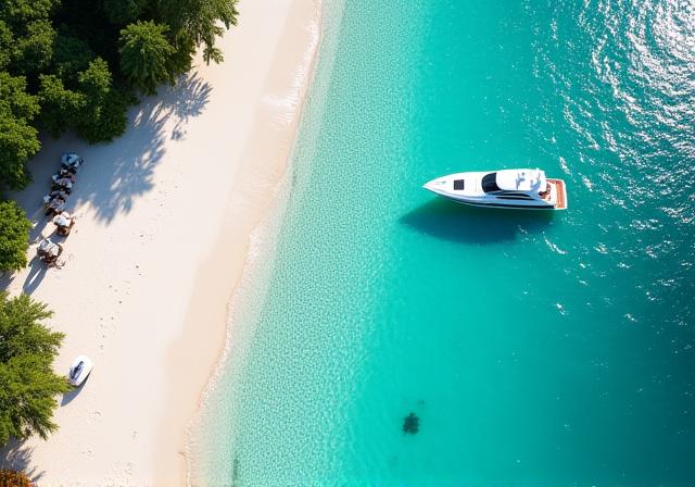 An aerial view of a secluded white sand beach with turquoise water and a single yacht.