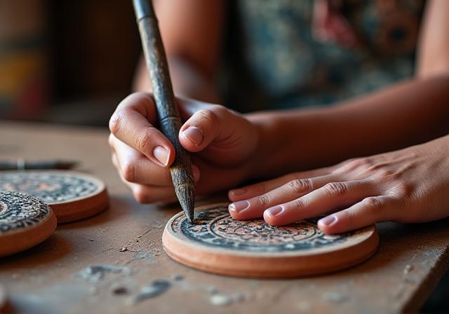 An artisan carefully painting intricate details on pottery.