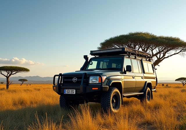 A rugged 4x4 vehicle parked with a stunning savanna and acacia trees in the background.