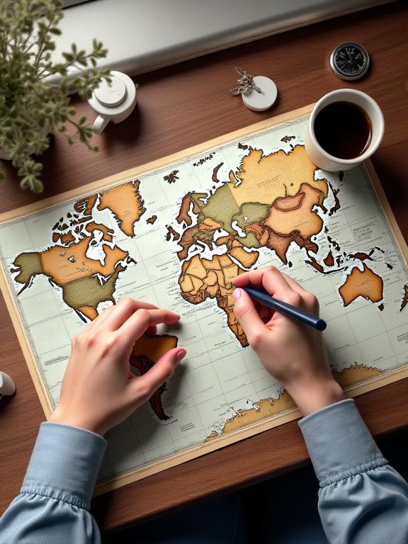 A person's hands drawing a travel route on a vintage-style map with a cup of coffee nearby.