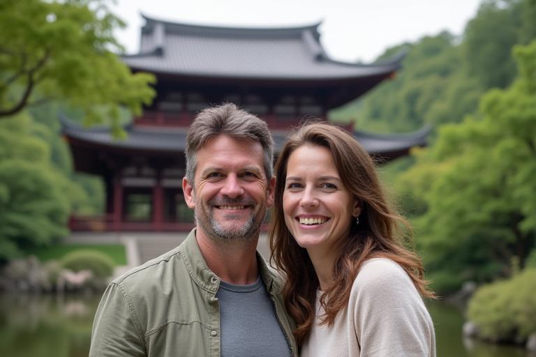 A couple smiling warmly in front of a serene Japanese temple garden.