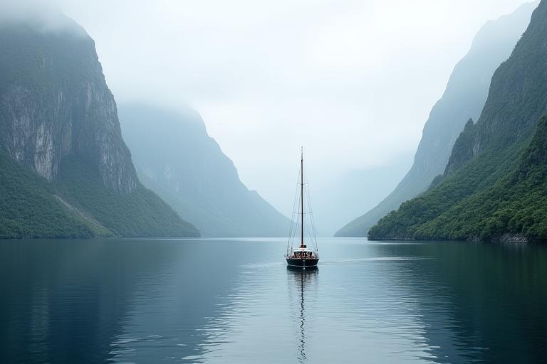 Sailboat navigating a calm Norwegian fjord surrounded by lush mountains.
