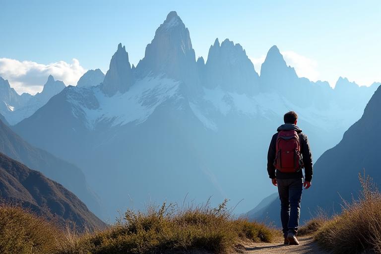 A solo traveler with a backpack looking towards the Fitz Roy mountain range in Patagonia.
