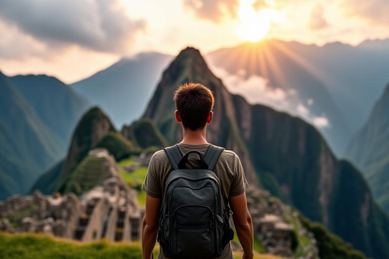 Traveler overlooking the ancient ruins of Machu Picchu at sunrise.